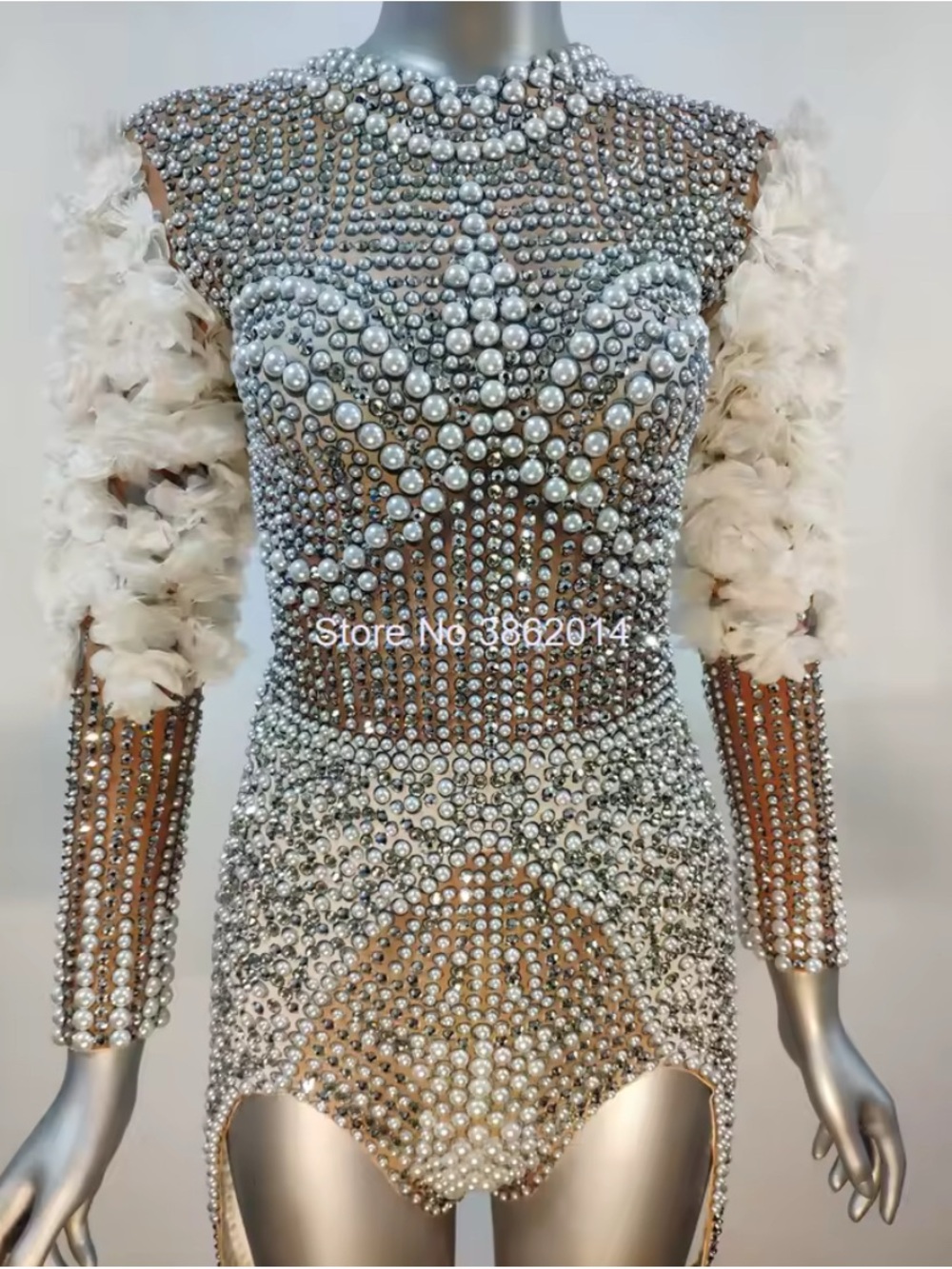 Embellished Pearl-Accent Nude Illusion Dress with Feather Sleeves